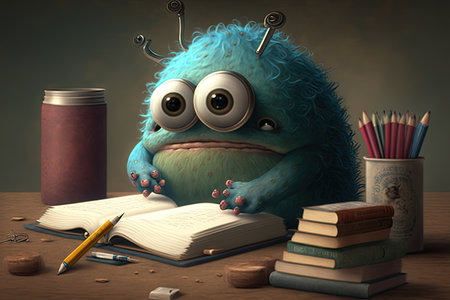 cute monster studies for important test, with books and notepad on table, created with generative aiの素材