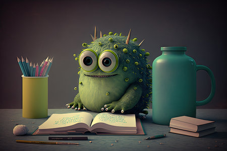 cute monster studies for important test, with books and notepad on table, created with generative aiの素材