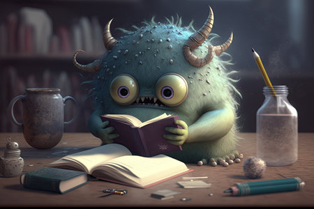 cute monster studies for important test, with books and notepad on table, created with generative aiの素材