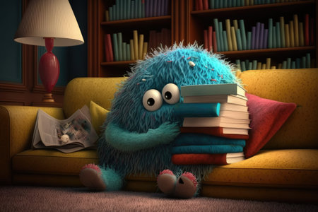 cute monster snuggling with stack of books, on cozy couch in warm and inviting room, created with generative aiの素材