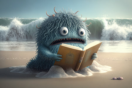 cute monster reads book on the beach, with waves crashing in the background, created with generative aiの素材