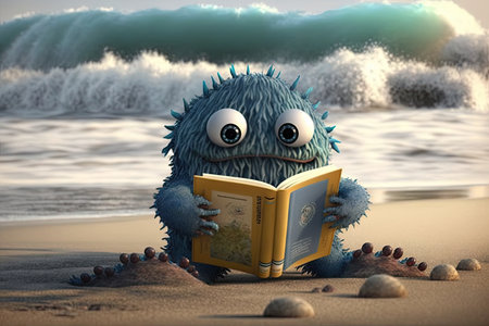 cute monster reads book on the beach, with waves crashing in the background, created with generative aiの素材