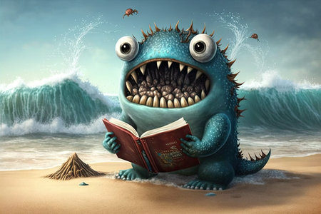 cute monster reads book on the beach, with waves crashing in the background, created with generative aiの素材