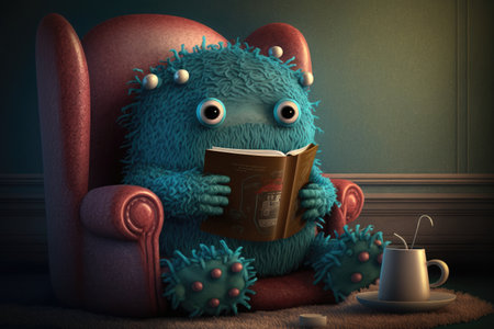 cute monster sits in cozy armchair, reading book with cup of tea, created with generative aiの素材