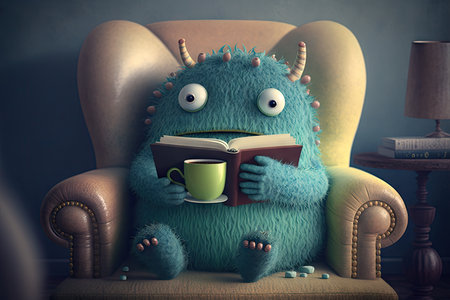 cute monster sits in cozy armchair, reading book with cup of tea, created with generative aiの素材