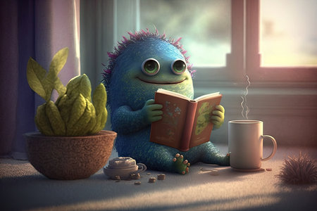 cute monster relaxes with cup of tea, reading book in peaceful and serene environment, created with generative aiの素材