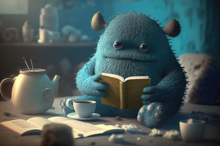 cute monster relaxes with cup of tea, reading book in peaceful and serene environment, created with generative aiの素材