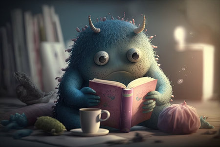 cute monster relaxes with cup of tea, reading book in peaceful and serene environment, created with generative aiの素材