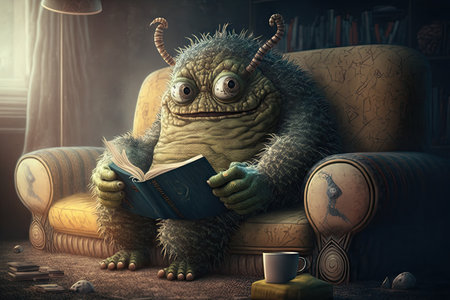 monster sits on a comfortable sofa with a book in hand, enjoying the calm and quiet, created with generative aiの素材