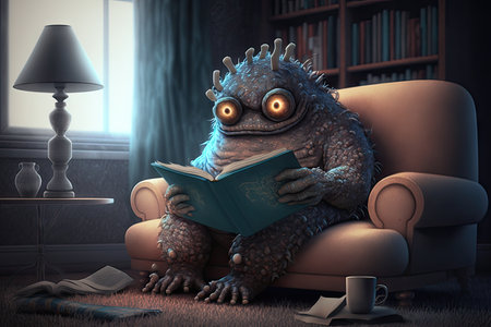 monster sits on a comfortable sofa with a book in hand, enjoying the calm and quiet, created with generative aiの素材