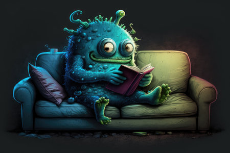 monster sits on a comfortable sofa with a book in hand, enjoying the calm and quiet, created with generative aiの素材