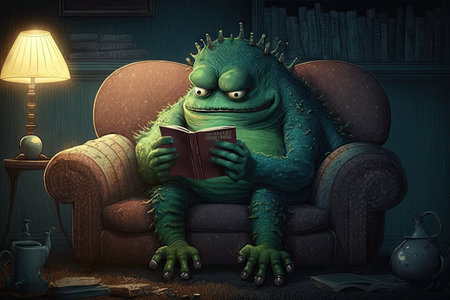 monster sits on a comfortable sofa with a book in hand, enjoying the calm and quiet, created with generative aiの素材