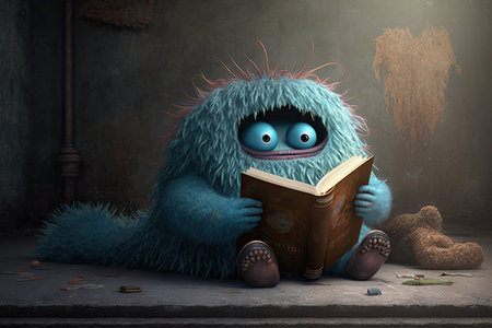 cute monster takes a break from reading and stretches its arms, with book nearby, created with generative aiの素材