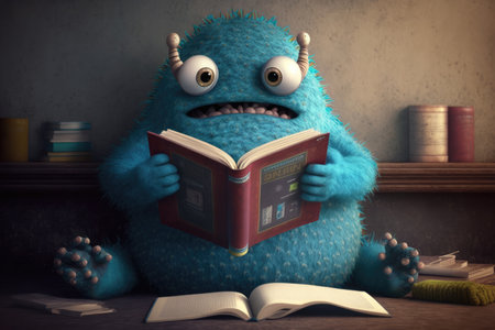 cute monster takes a break from reading and stretches its arms, with book nearby, created with generative aiの素材