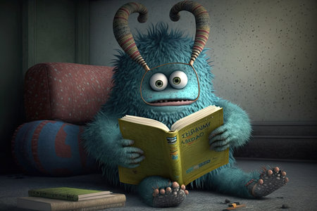 cute monster takes a break from reading and stretches its arms, with book nearby, created with generative aiの素材
