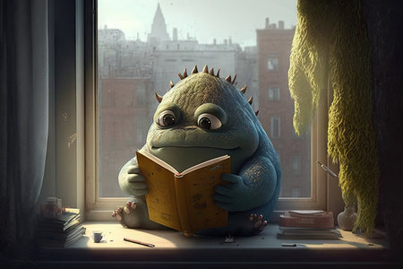 cute monster sits on windowsill, reading book with view of the outside world, created with generative aiの素材
