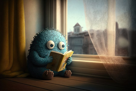 cute monster sits on windowsill, reading book with view of the outside world, created with generative aiの素材