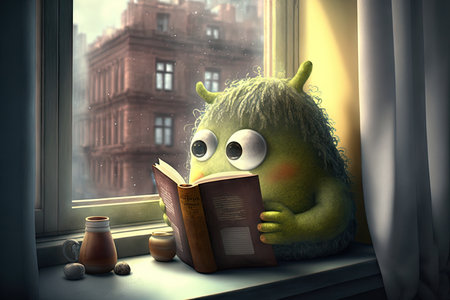 cute monster sits on windowsill, reading book with view of the outside world, created with generative aiの素材