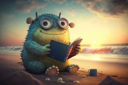 cute monster reading book on beach, with view of ocean and sun setting, created with generative aiの素材