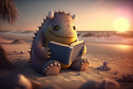 cute monster reading book on beach, with view of ocean and sun setting, created with generative aiの素材