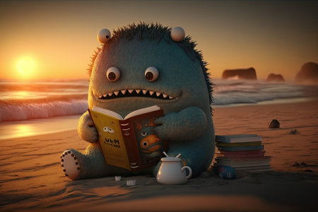cute monster reading book on beach, with view of ocean and sun setting, created with generative aiの素材