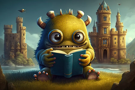 cute monster is reading book, with castle in the background, created with generative aiの素材