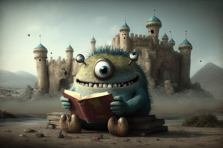 cute monster is reading book, with castle in the background, created with generative aiの素材