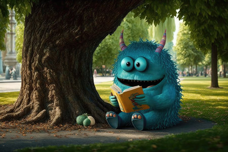 cute monster reads a book under a tree in the park, created with generative aiの素材