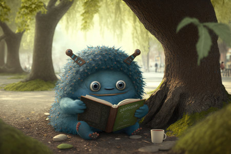 cute monster reads a book under a tree in the park, created with generative aiの素材