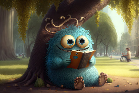 cute monster reads a book under a tree in the park, created with generative aiの素材