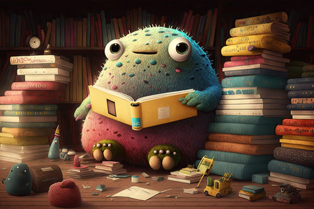 cute monster is surrounded by books of all different shapes and sizes in cozy library, created with generative aiの素材