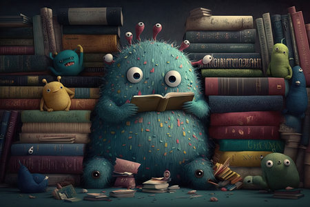 cute monster is surrounded by books of all different shapes and sizes in cozy library, created with generative aiの素材