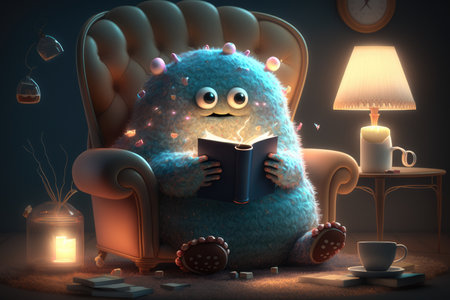 cute monster reads book in cozy armchair, surrounded by candles and tea cups, created with generative aiの素材
