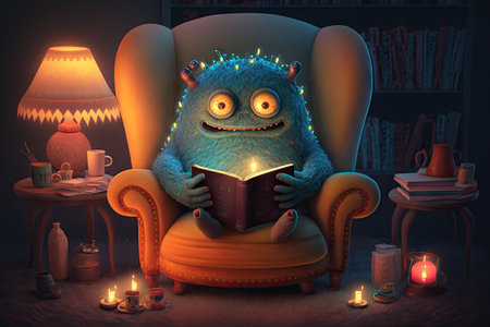 cute monster reads book in cozy armchair, surrounded by candles and tea cups, created with generative aiの素材