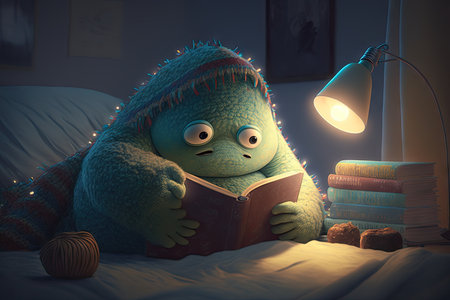 monster comforts himself by turning off the lights and snuggling up with a good book, created with generative aiの素材