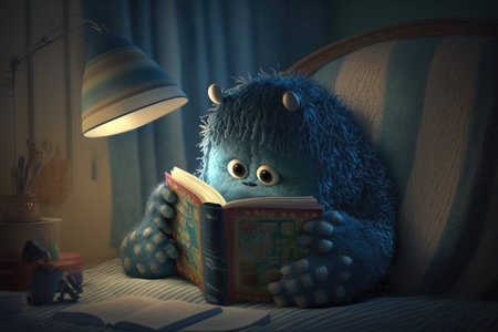 monster comforts himself by turning off the lights and snuggling up with a good book, created with generative aiの素材