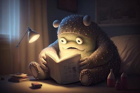 monster comforts himself by turning off the lights and snuggling up with a good book, created with generative aiの素材
