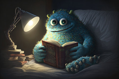 monster comforts himself by turning off the lights and snuggling up with a good book, created with generative aiの素材