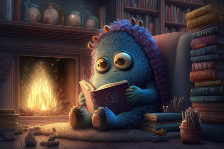 cute monster enjoys cozy and peaceful setting, surrounded by books, with fireplace in the background, created with generative aiの素材