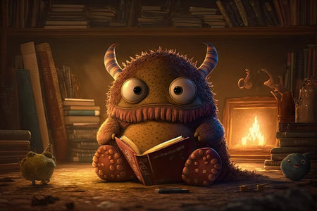 cute monster enjoys cozy and peaceful setting, surrounded by books, with fireplace in the background, created with generative aiの素材