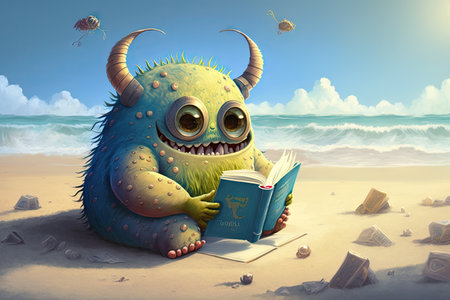 cute monster reads on beach, with view of sunny skies and blue waters, created with generative aiの素材
