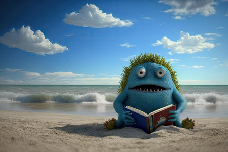 cute monster reads on beach, with view of sunny skies and blue waters, created with generative aiの素材