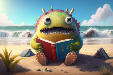 cute monster reads on beach, with view of sunny skies and blue waters, created with generative aiの素材