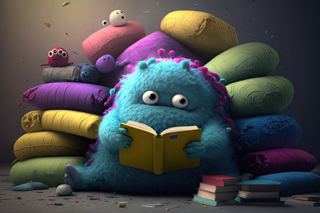 cute monster sits on big fluffy beanbag and reads book, surrounded by colorful pillows, created with generative aiの素材