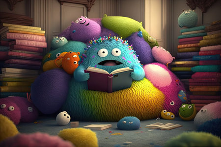 cute monster sits on big fluffy beanbag and reads book, surrounded by colorful pillows, created with generative aiの素材