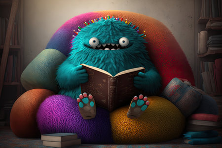 cute monster sits on big fluffy beanbag and reads book, surrounded by colorful pillows, created with generative aiの素材