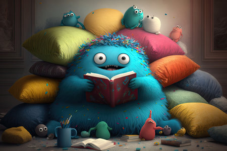 cute monster sits on big fluffy beanbag and reads book, surrounded by colorful pillows, created with generative aiの素材