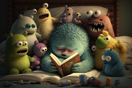 cute monster reads a bedtime story, surrounded by teddy bears and other stuffed animals, created with generative aiの素材