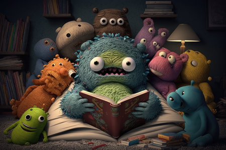 cute monster reads a bedtime story, surrounded by teddy bears and other stuffed animals, created with generative aiの素材