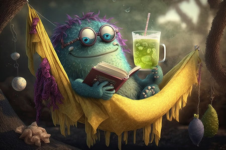 cute monster relaxes in hammock, with book and glass of lemonade nearby, created with generative aiの素材